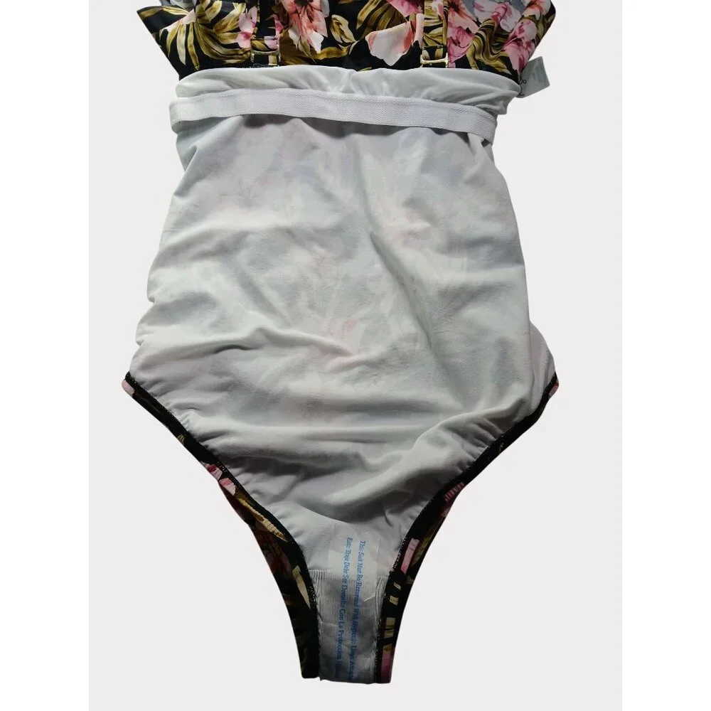 Kona Sol 16W Black Green Pink Floral Ruffle Front One Piece Swimsuit 16W Plus - Picture 13 of 13